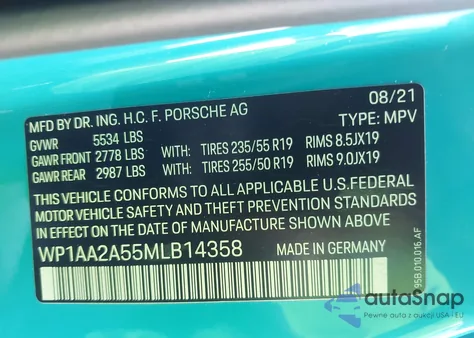 2021 Porsche Macan из США, поврежденный, VIN WP1AA2A55MLB14358